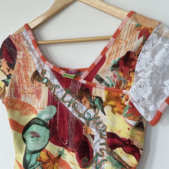 Save The Queen Vintage Short Sleeve Multicoloured Abstract Fruit Print Top Large - Picture 7 of 16